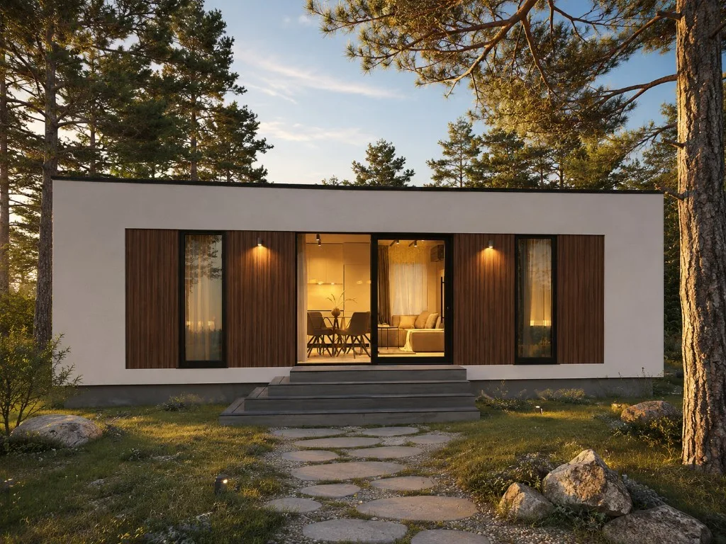 Interiér modulárního domu — ložnice s moderním designem