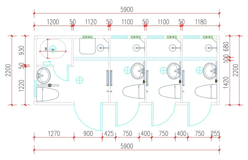 Comfort 20FT — půdorys dispozice (koupelna se sprchou a 3 WC)