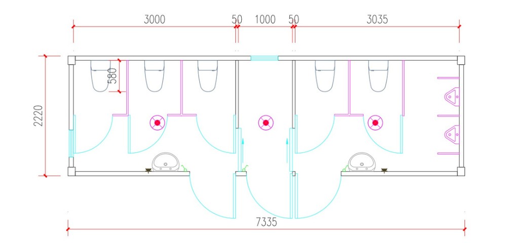 Comfort 30FT — půdorys dispozice (centrální vstup, WC a urinály)