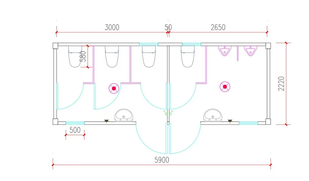 Comfort Duo 20FT — půdorys dispozice (oddělené mužské a ženské zázemí)